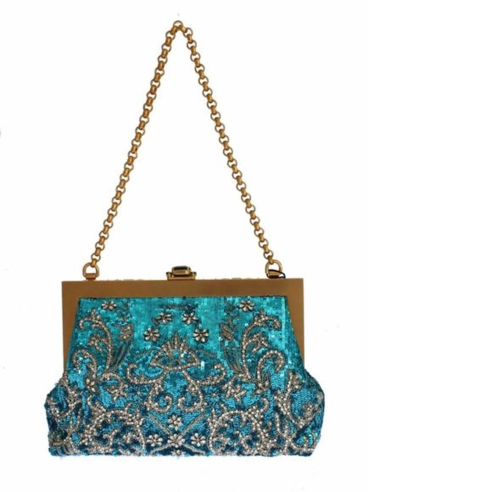 DOLCE & GABBANA Blue Clear Crystal Gold Evening Clutch Purse (HOT SALE)